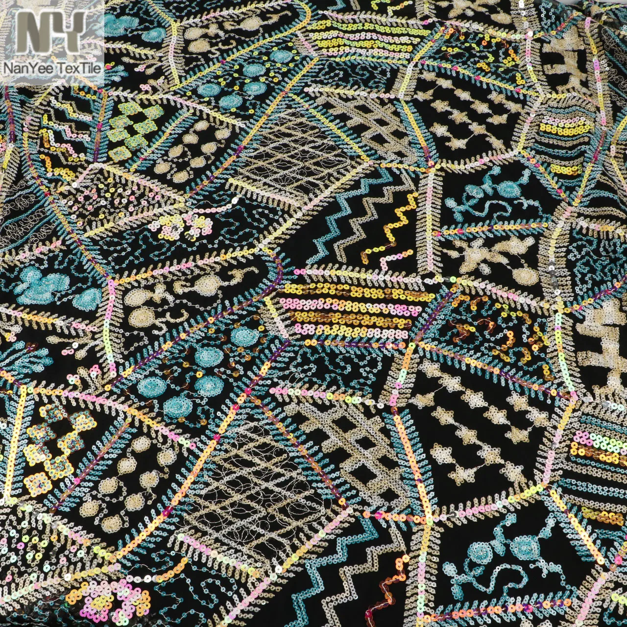 Nanyee Textile Ethnic Style Patchwork Bohemia Sequin Lace Fabric For Dress