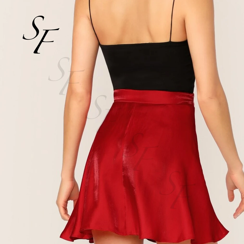 Custom summer casual party luxury plain elastic waist flare short length silk fabric satin evening flared skirts