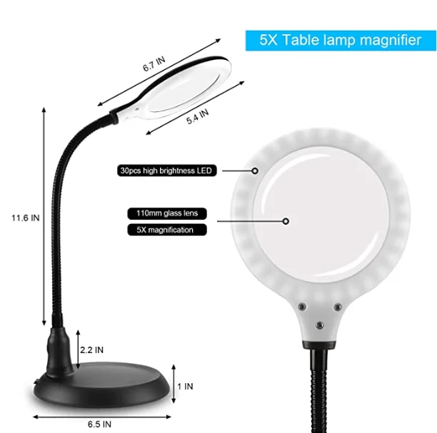 
5X Magnifier Glass Lamp,LED Light and Flexible Neck, USB Powered,Perfect for Reading,Hobbies,Task Crafts or Workbench 