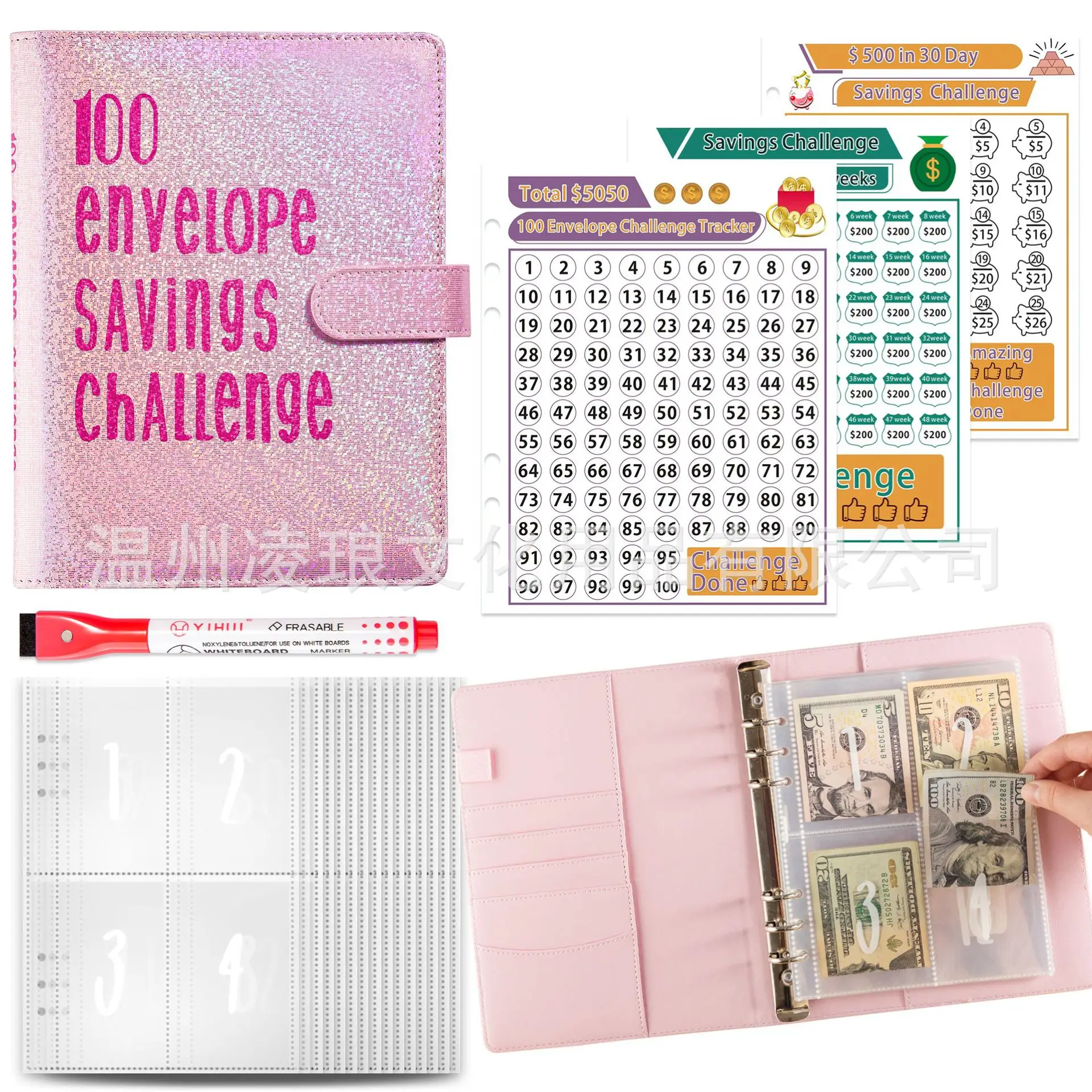 100 Saving Challenge Custom Budget Planner Notebook Loose-leaf Fabric Spiral Binding School Supplies Cash Storage Diary
