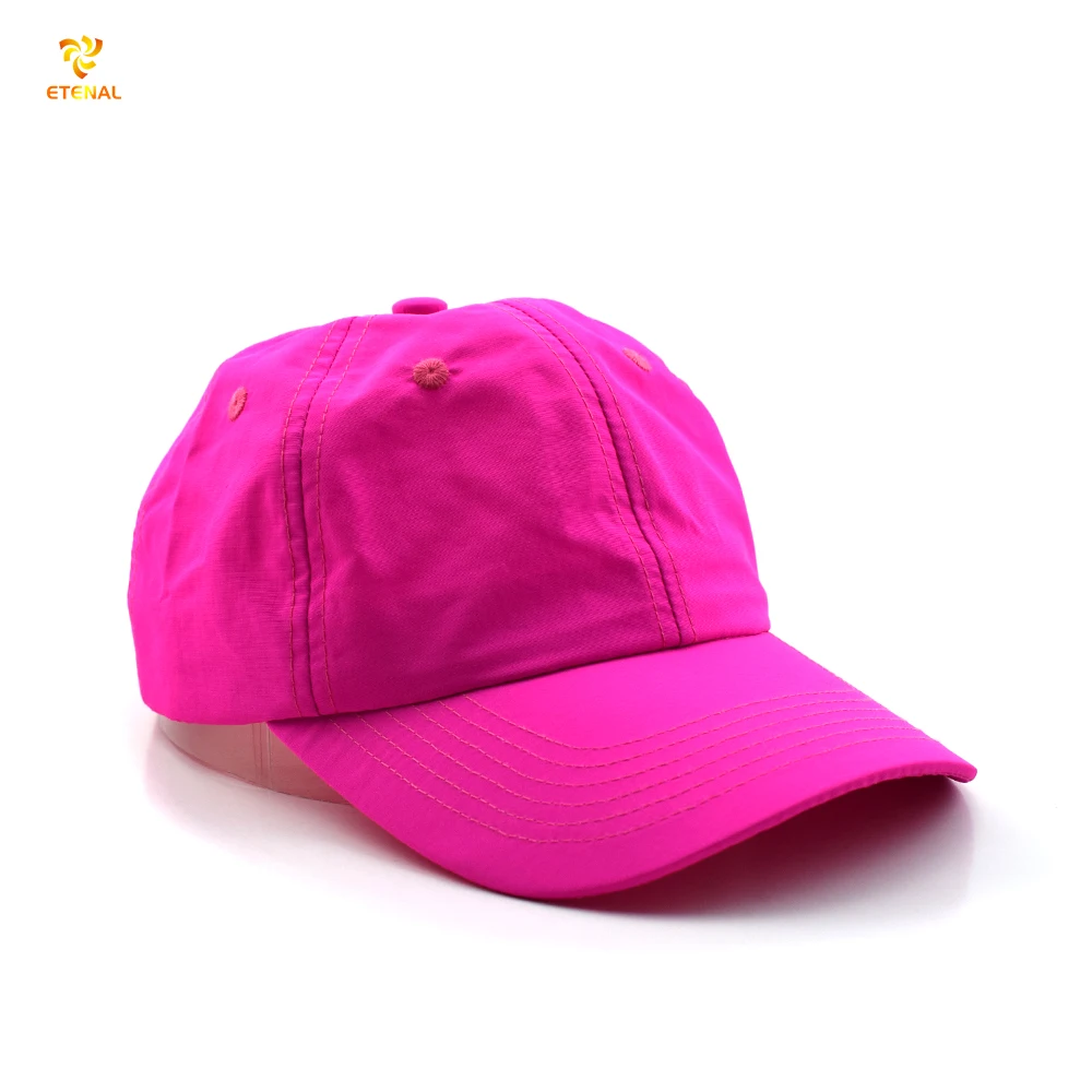 Wholesale plain neon pink nylon hat unstructured 6 panel waterproof camp sports cap