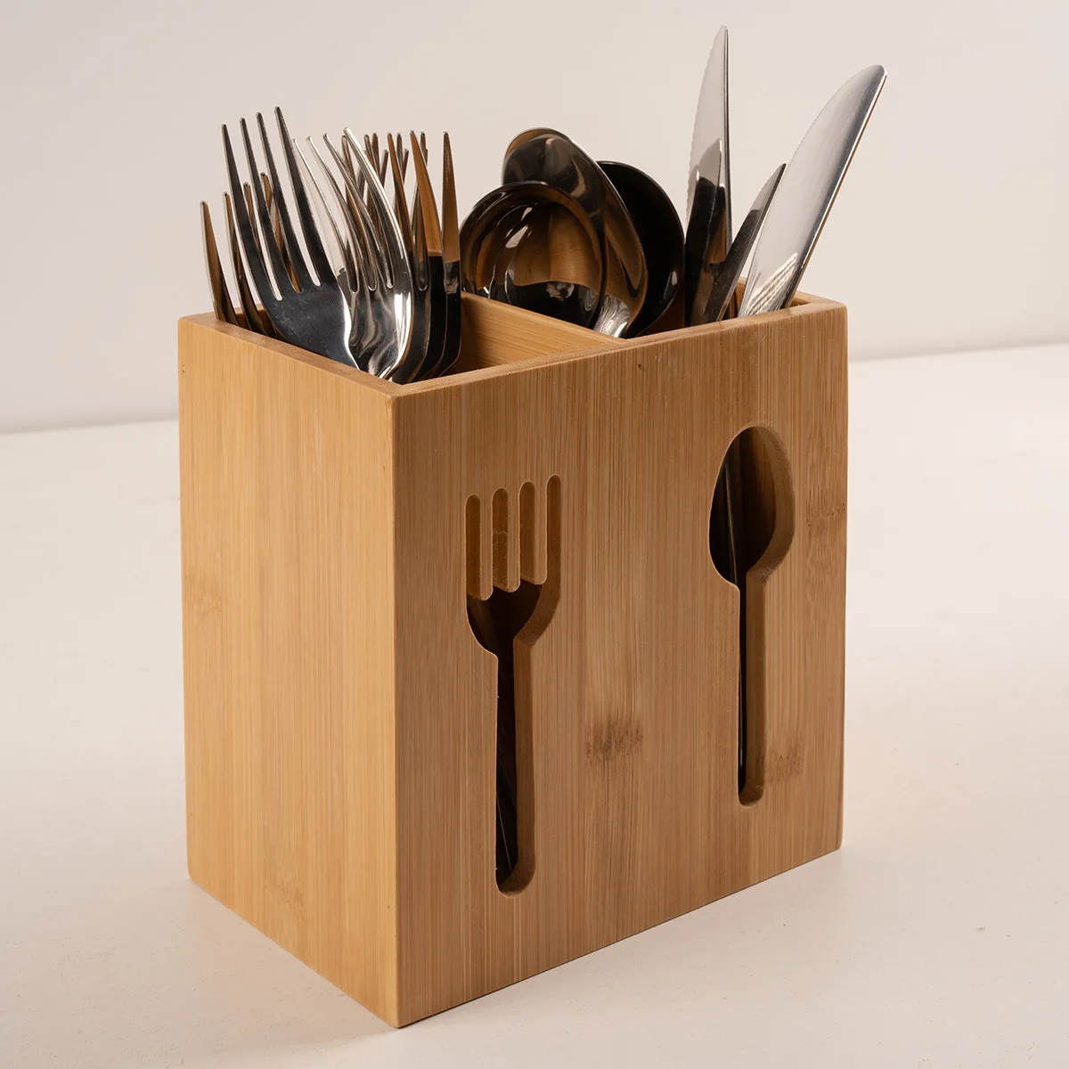 Wholesale Bamboo Wooden Organizer Restaurant Tabletop Spoon Cutlery Dining Utensils Holder 2 Compartment Kitchen Display Box