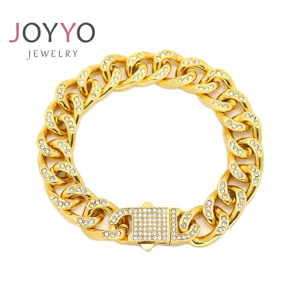 Gold Plated 13MM Stainless Steel Cuban Link Chain Hip Hop Bracelet Iced out Clasp Fashion Jewelry Bracelet for Men Women