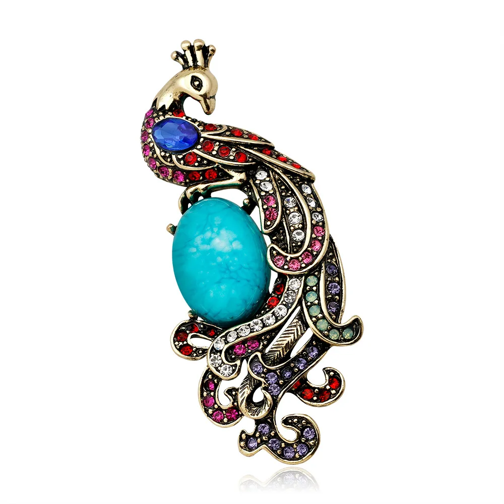 DRAG146 Popular Delicate Multi Color Diamond Turquoise Peacock Brooch Pin