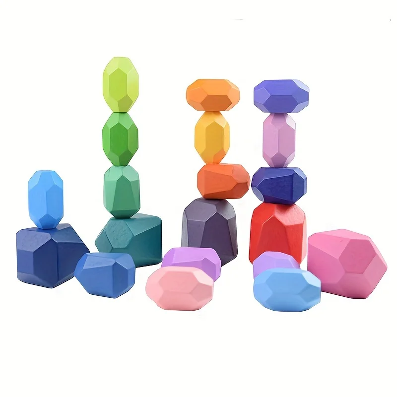 Educational Toys Multicolor Wooden Stacking Toddler Balancing Blocks Wooden Building Blocks Rocks Stones Preschool Montessori