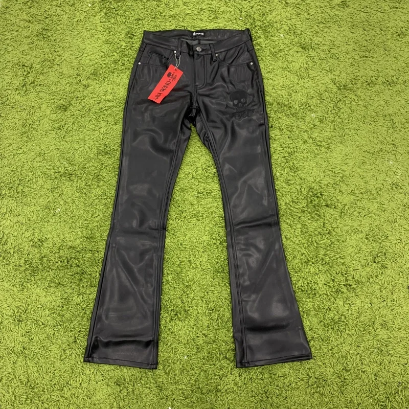 EDGEDENIM Embroidery logo Fleece Lining Black Red Leather Stacked Flare Pants Men