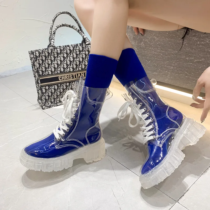 Fashion Waterproof Transparent Ankle Boots Women Shoes Candy Colors Street Wear Martin Platform Boots Female