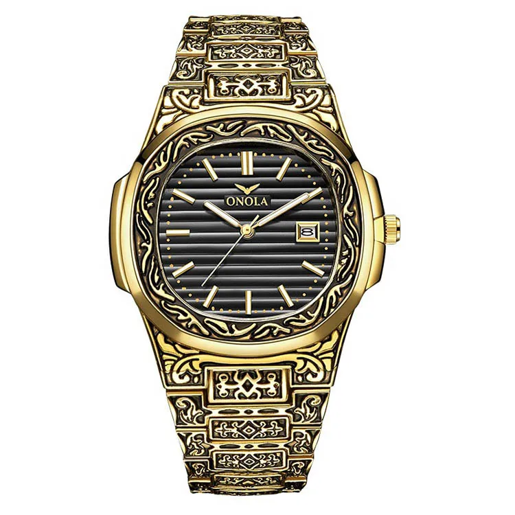 Onlola low moq business men watch with stainless steel golden metal band ready to ship 1pcs