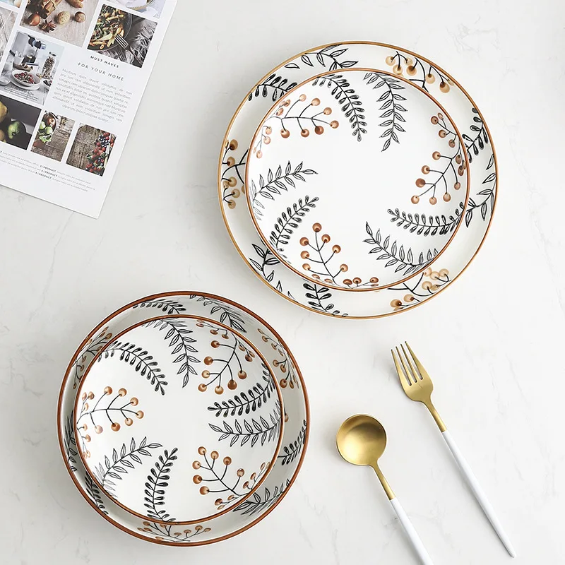 Ruili RL-R200315 Hand Painting Porcelain Plate High Quality Ceramic Platter Tray Flat Dinnerware Tableware