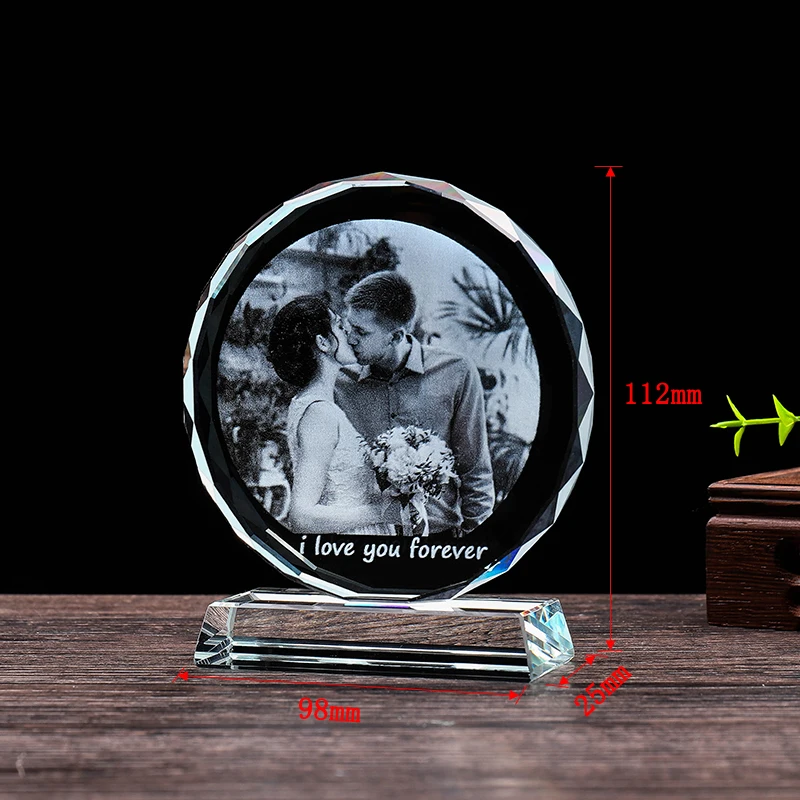 Personalized Round Crystal Photo Frame 2D Laser Engraved Glass Pictures Gifts for Wedding Anniversary Birthday