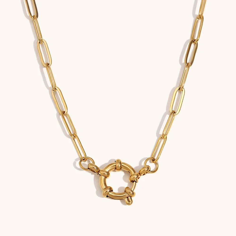 Custom Jewelry Stainless Steel 18K Gold  Plated Paper Clip Chain with Spring Buckle Pendant Necklace