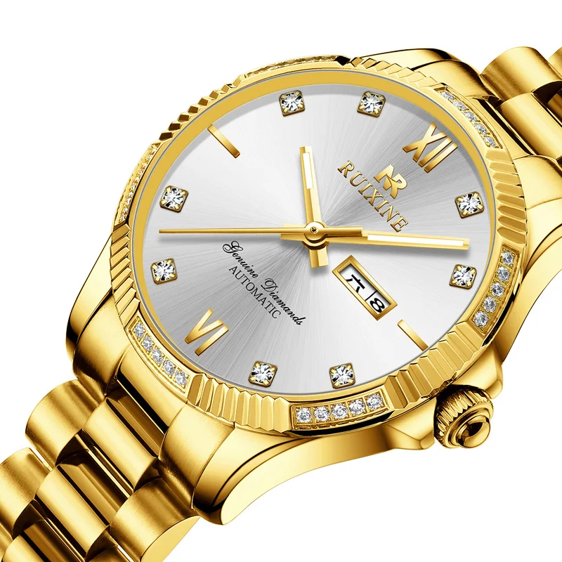 Full Diamond 14K 18K Gold Stainless Steel Mechanical Watch  R7123