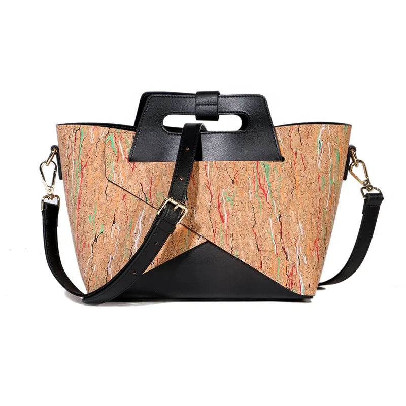 High grade natural cork handbag set 2 in 1 Lightweight Durable Portugal cork tote bag custom patterns printing cork bag