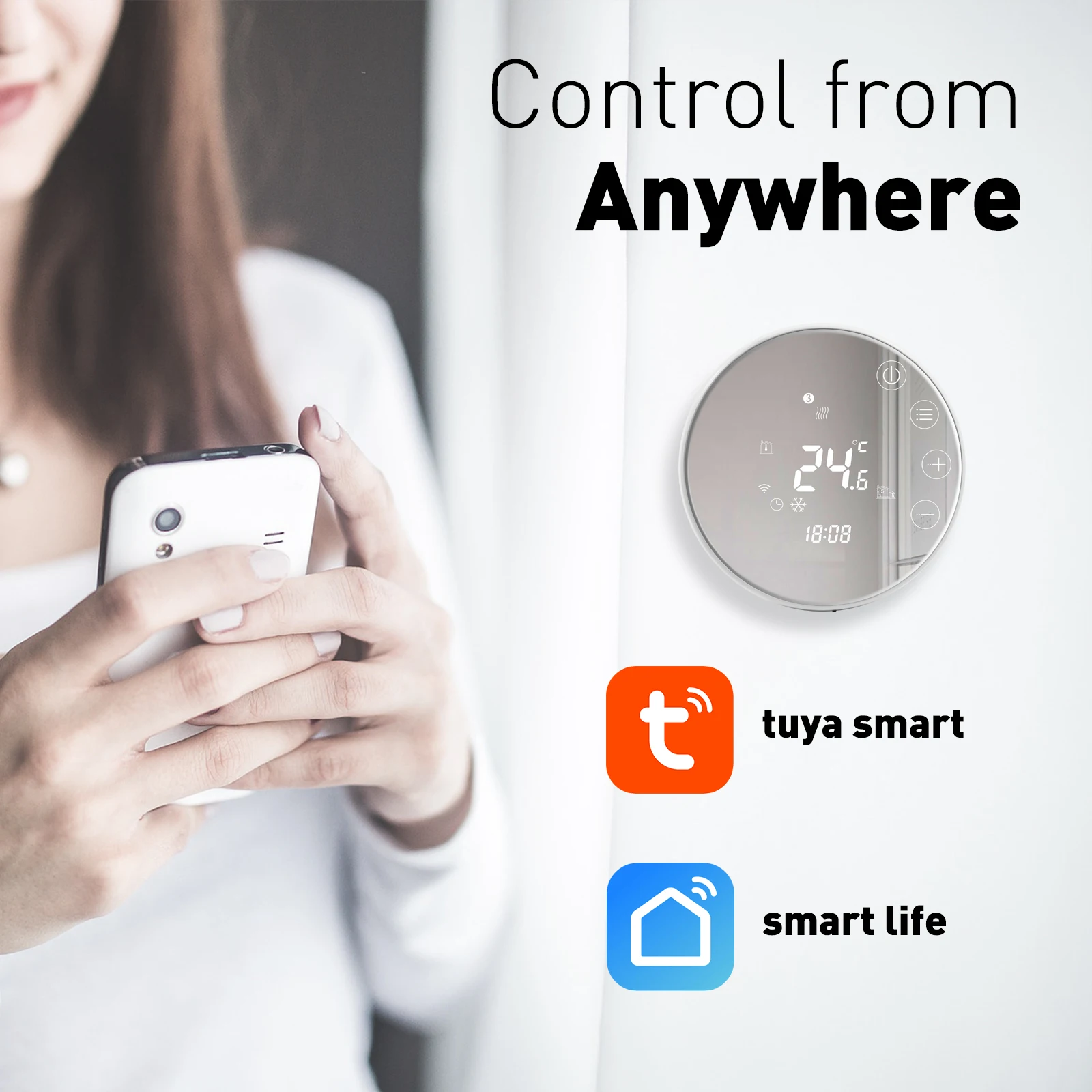 Round glass touch screen Tuya Smart Life voice control weekly programmable 110-230v 16A electrical floor heating room thermostat