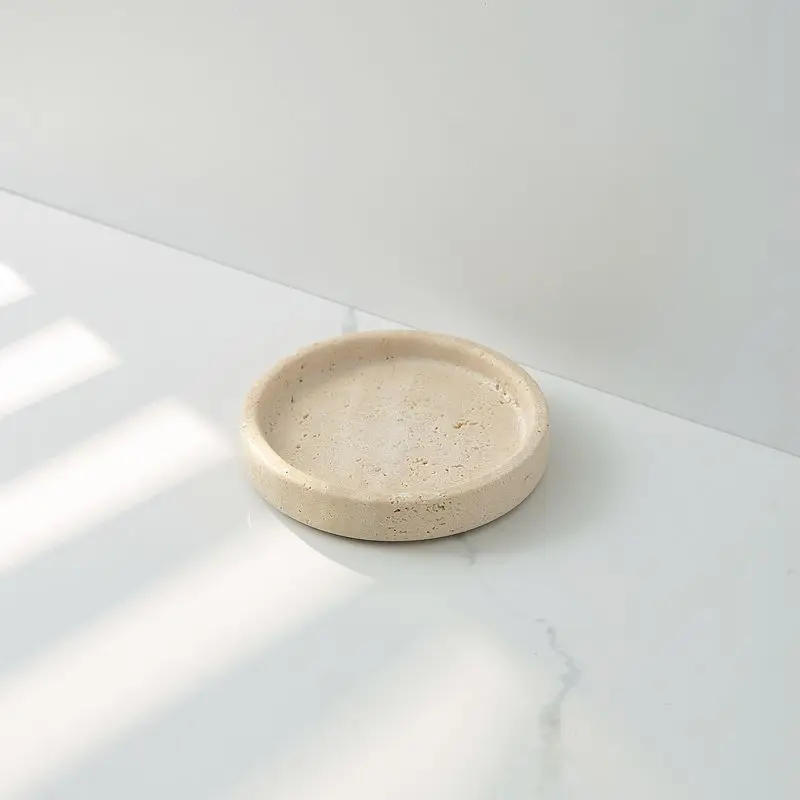 Natural Marble Stone Tray Travertine Beige Round Oval Jewellery Vanity Candles Decorative Storage Tray