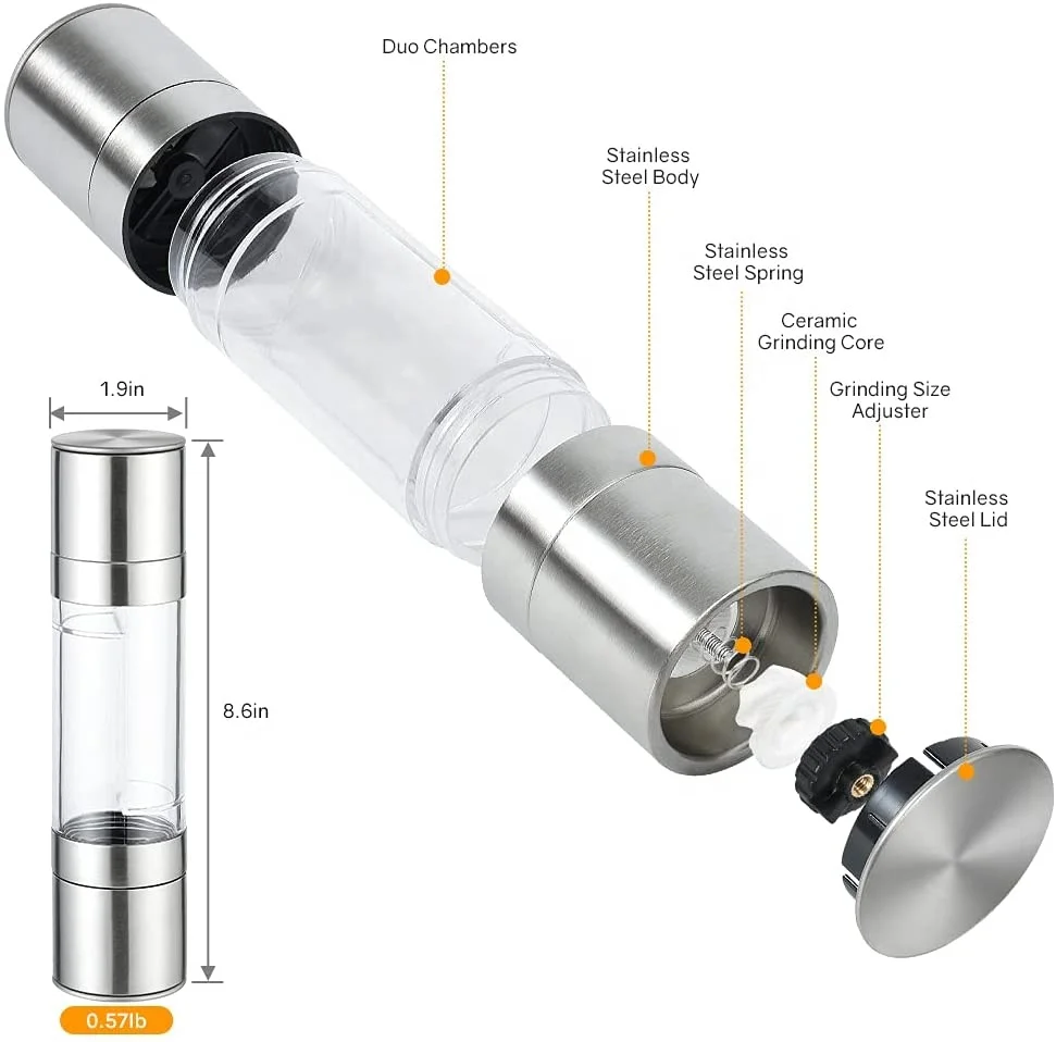 Space Saver 2 in 1 Shaker Mills Set Stainless Steel salt Grinders and Pepper Mill Set 2 in 1 Salt and Pepper Grinder