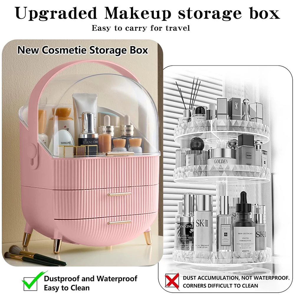 Large Makeup Organizer for Vanity Bathroom Dressing Case Dresser Countertop Skin Care Cosmetic Storage Box with 2 Drawer Pink