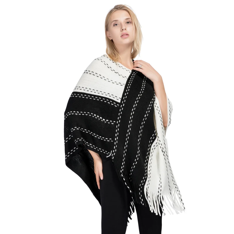 China duotone line striped 100% acrylic tassel tricot knitted poncho for ladies winter fashion keep warm for wraps and shawls