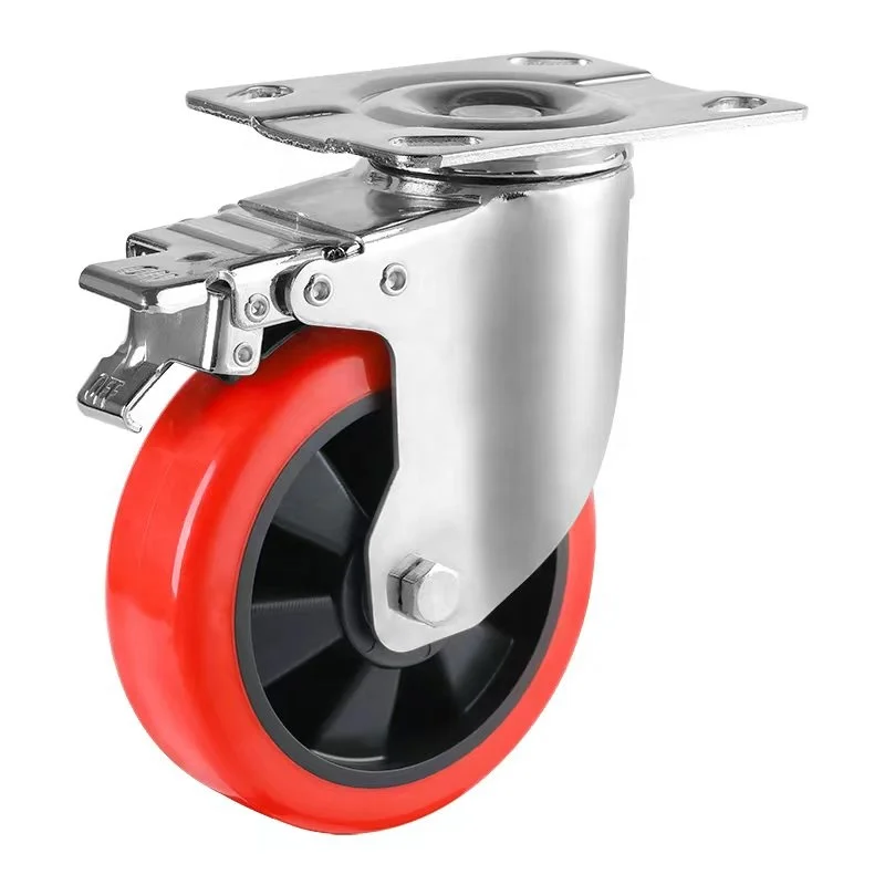 Eco-friendly Red Medium Heavy Duty 180kgs Universal Smooth Running Red PU Polyurethane Caster Wheels for Trolleys