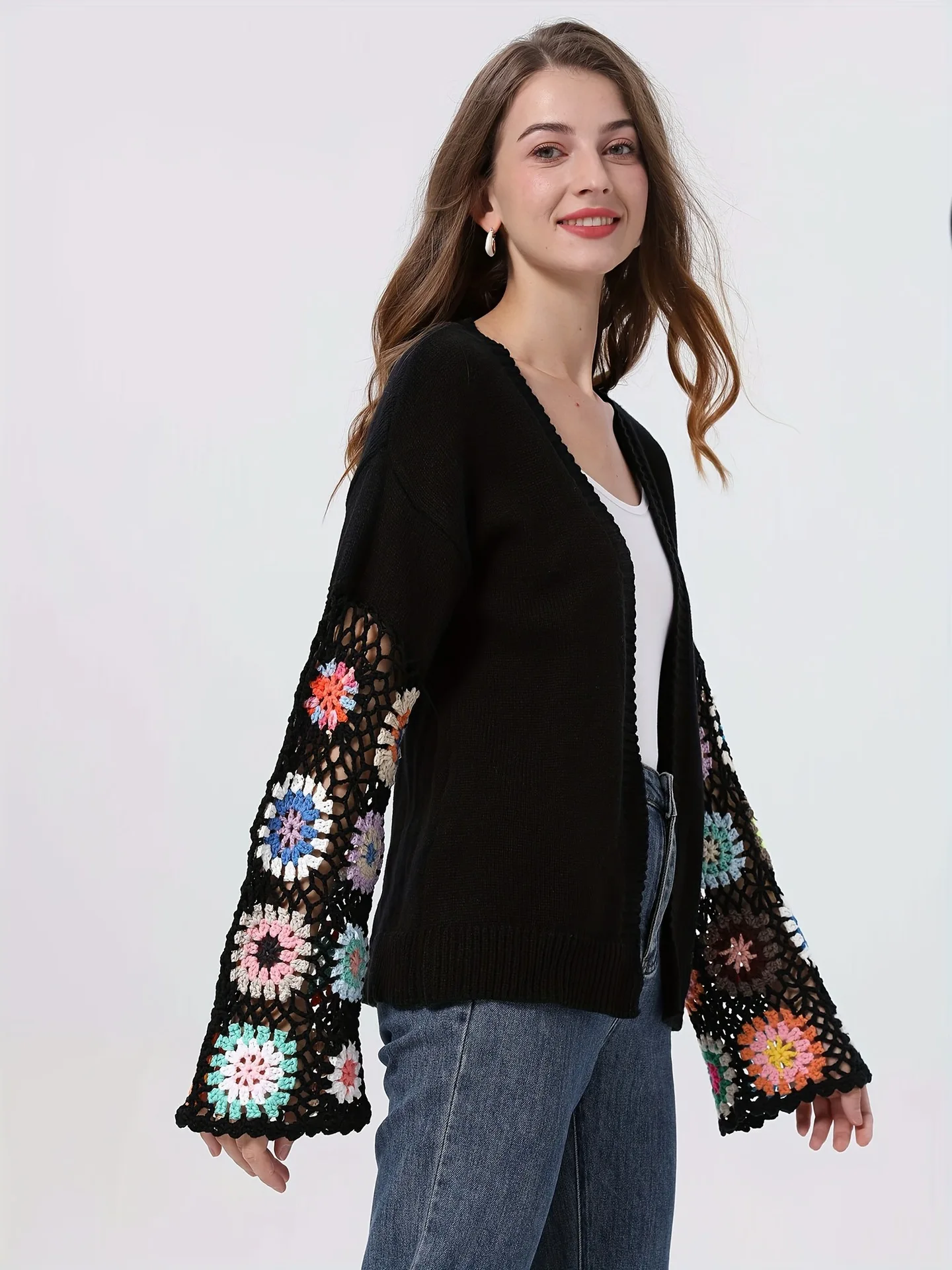 Flared Sleeve Hook Flower Cardigan Sweater For Ladies Casual Style Knit Jacquard Pattern Knitwear