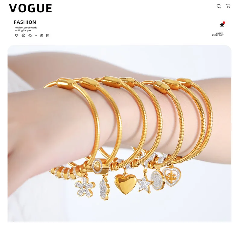 SL23110 Non Tarnish 18K Gold Plated Stainless Steel Heart Cross Flower Star Charm Crystal Zircon Bracelet Bangle For Women