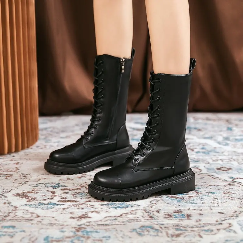 New Stylish Flat Bottom Ladies Motorcycle Boots Female British Style Round Toe Lace Up Side Zipper Knight Boots For Women