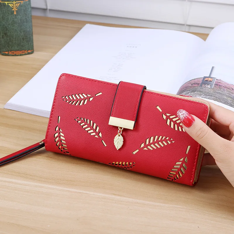 
2020 popular drop shipping hollow out leaf pattern long black clutch cell phone purse leather wallets for women fashionable 