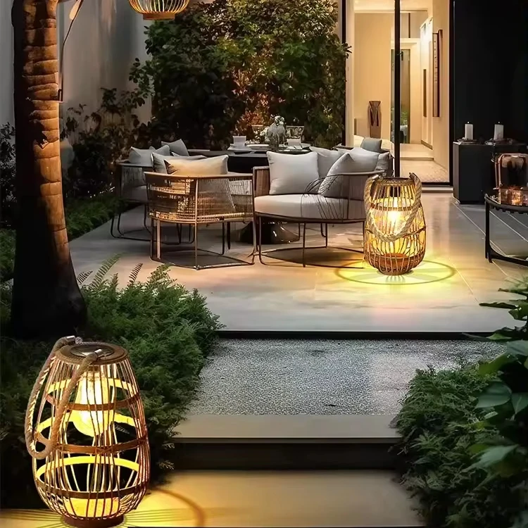 LED Hand-woven Hand Made Modern Garden Floor Lamp Wicker Shade Waterproof Glass Outdoor Rattan Floor Lamps