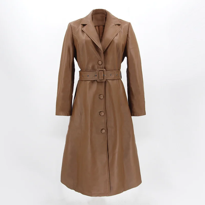 QIUCHEN QC22082  New Women High Quality Fashion Long 	Leather Trench Coat With Belt Genuine Leather Jacket
