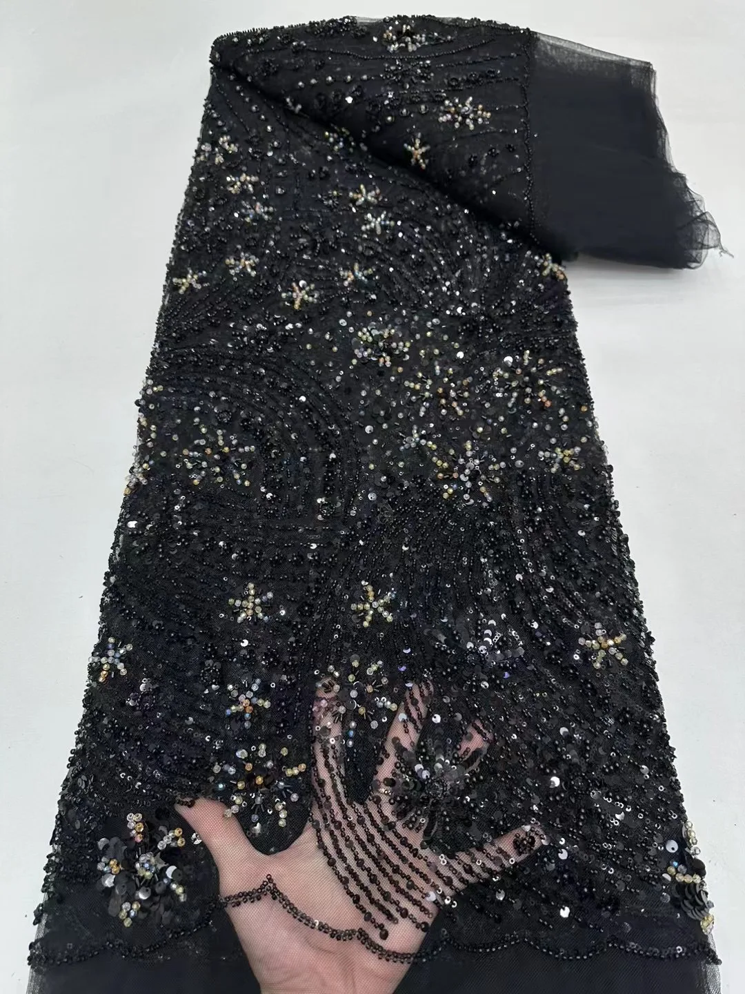 NI.AI New Design Sequin Beaded Lace Wedding Stripe Net Lace Fabric Luxury Embroidered Pearls Sequins Lace Fabric