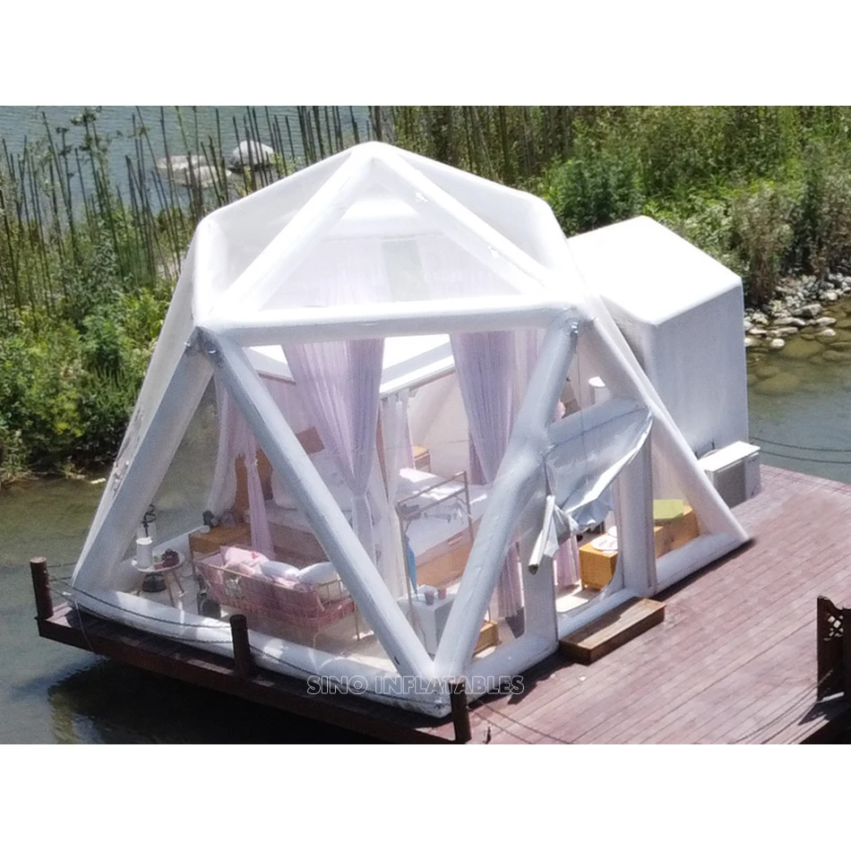 7x5m airtight polygon lodge clear inflatable camping tent with mini fan affiliated certified by EN14960 from Sino Inflatables