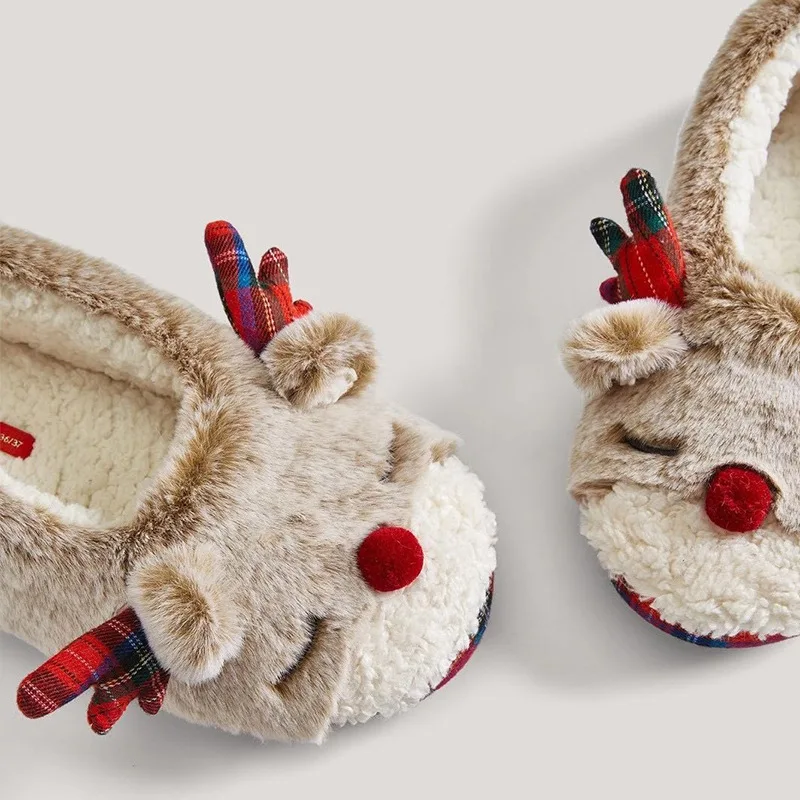 Lovely winter female cotton slippers plush home cartoon christmas elk shoes indoor outside anti-skid soft bottom slippers