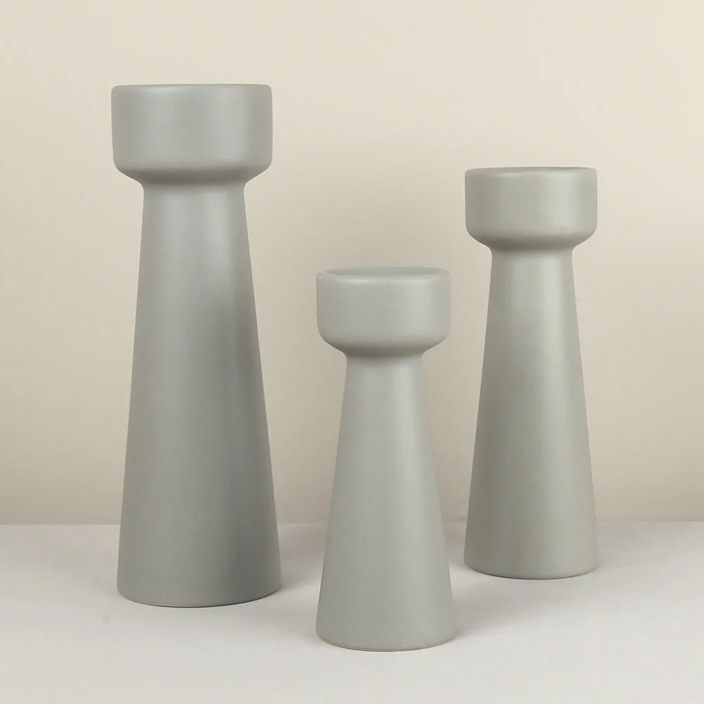 Gray Color Table Tall Tape Pillar Stick Candle Holder Ceramic