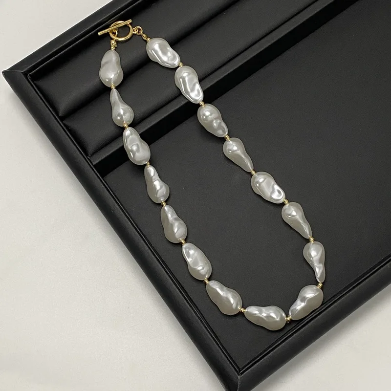 Big Pearl Necklace Stainless Steel OT Clasp Choker Pearl Necklace Vintage Baroque Pearl Necklace