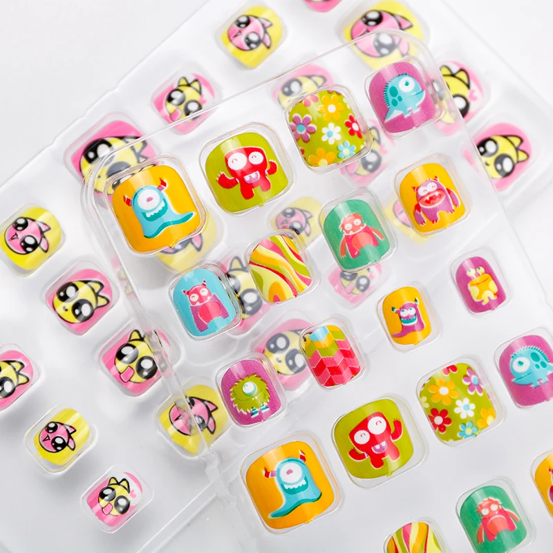 24pcs/box Removable with Adhesive Stickers Square Acrylic False Nail Tips Carton Press on Nails for Children