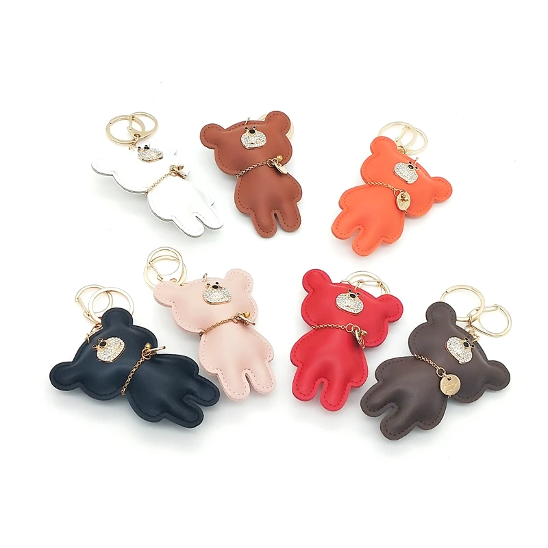 Luxury Brown PU Leather Small Mini Bling Key Ring Ornament Wholesale Bear Keychain with pompom