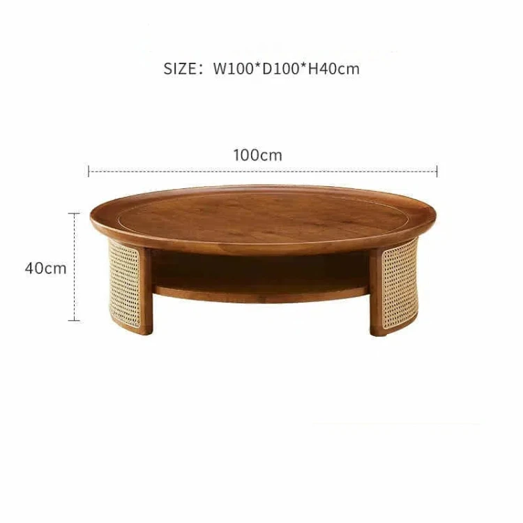 Japanese-style solid wood rattan tea table round home simple small apartment living room coffee table