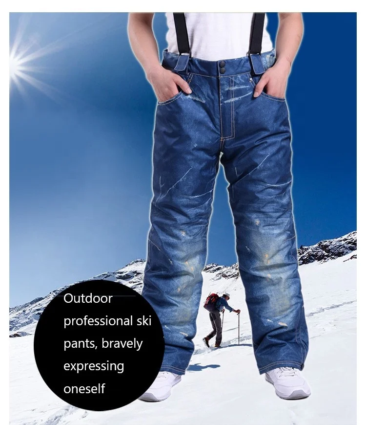 Wholesale custom label warm windproof waterproof thickened jeans ski pants Overalls with bib for men women