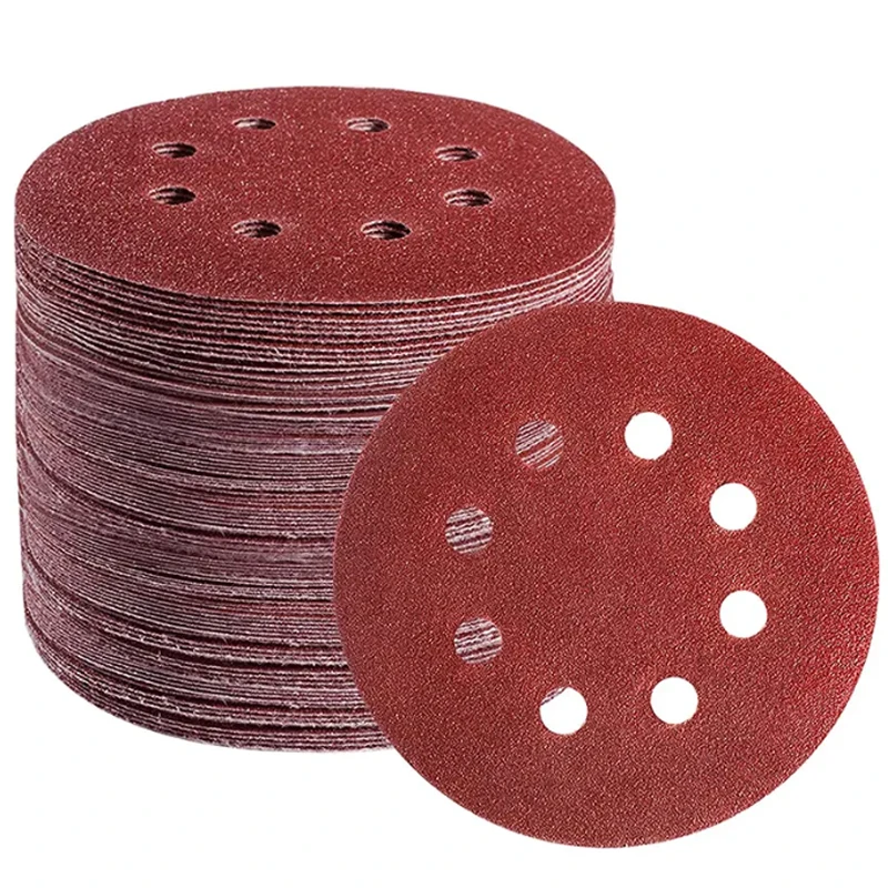 125mm 5 Inch Red 8 Holes Abrasive Discs 150mm 6 inch Hook And Loop Sanding Polishing Disc 120 Grit Sandpaper Round Sand Paper