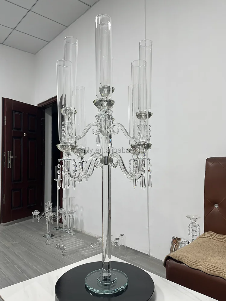 Tall Crystal Candelabra Centerpiece Suppliers 9 Arms Clear Crystal Candlesticks Holder For Wedding Decor