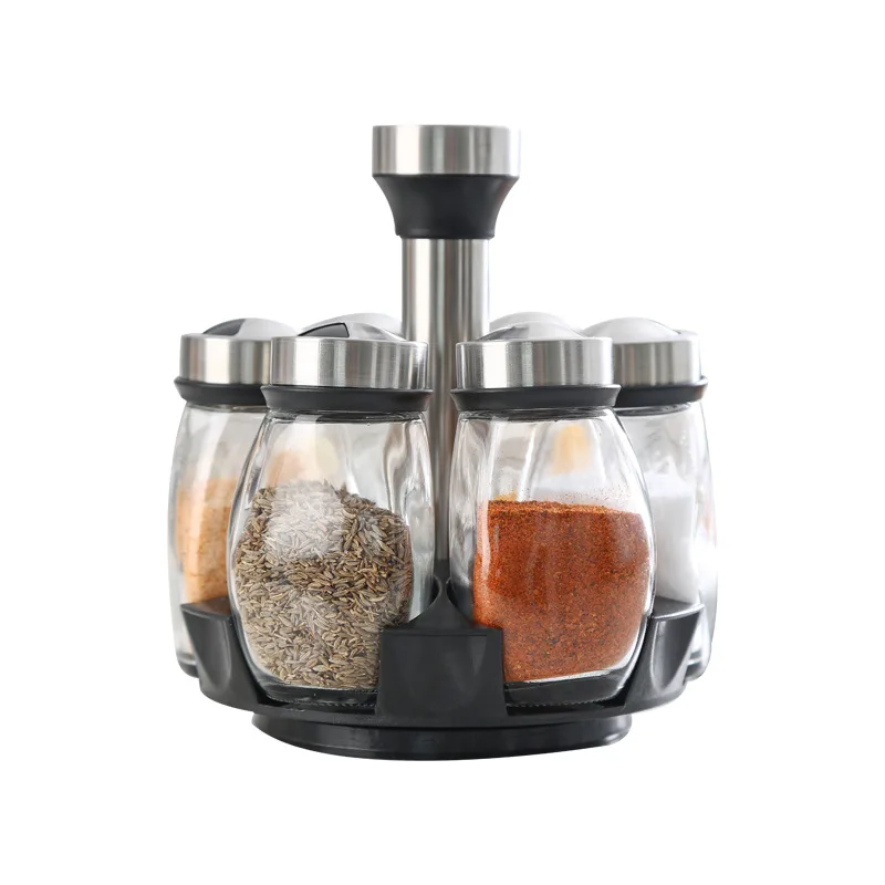 8Pcs/Set Rotating Stainless Steel Salt Pepper Shakers Seasoning Kitchen Tool Bottle Glass Cruet Condiment Spice Jars Set
