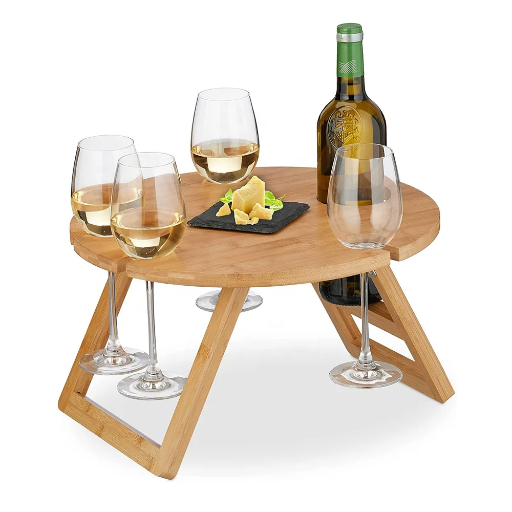 Portable Outdoor Bamboo Picnic Table with Wine Bottle and Glass Holder Foldable Snack Cheese Tray for Dining and Kitchen Use