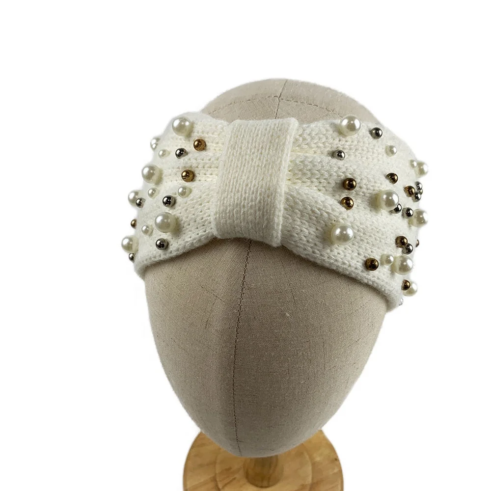 2021 New Women Fashion Rabbit Fur Beads Hair Band Winter Warm Knit Headband Headwear
