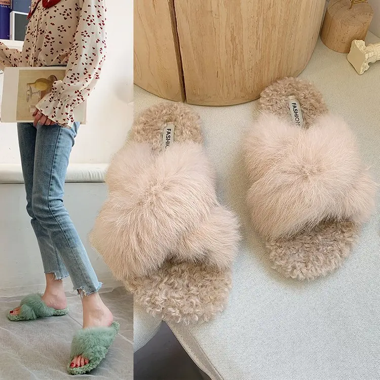 
Luxury Flat Indoor Winter Home Ladies Bedroom Furry House Slippers For Women 
