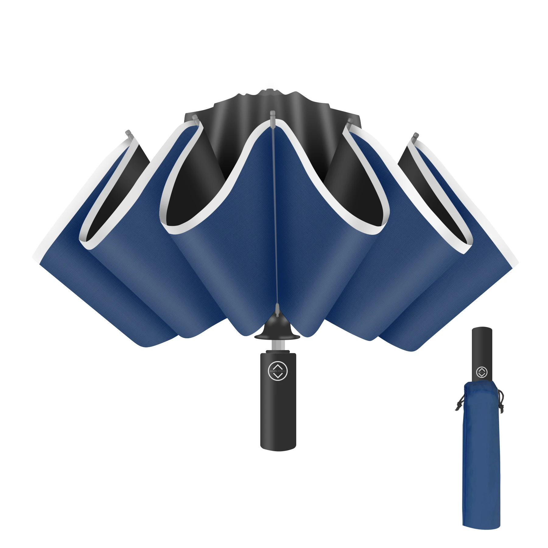 Three Folding Button Innovative Solar Umbrella With Reflective Strip To Automatic Led Light Reverse Rain Umbrella