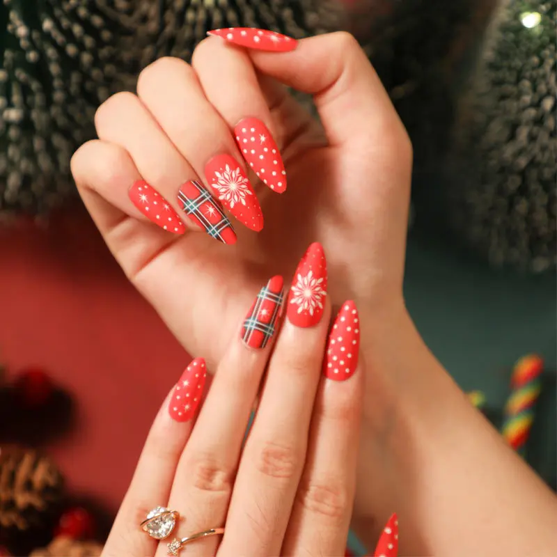 24pcs French red christmas tree pattern nail art 3d Acrylic press on Nail Piece Salon Coffin False Nail For Women Decoration