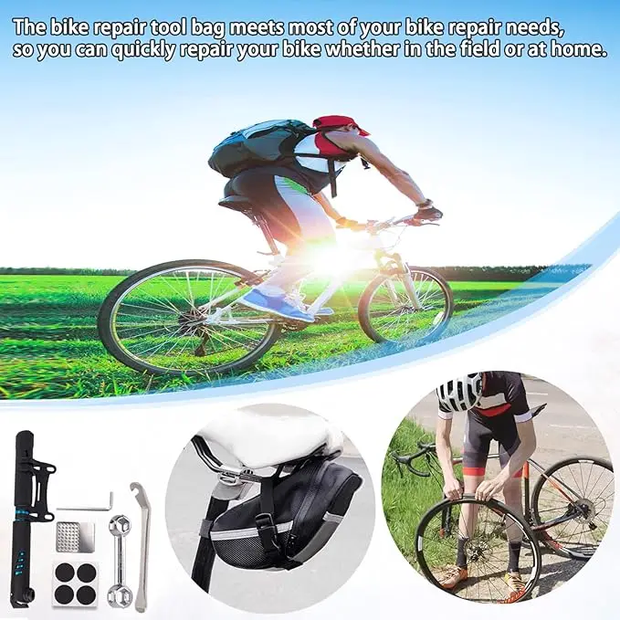 Bike Tire Repair Tool Bicycle Repair bag Kit Bicycle Tire Patch Kit Contains Mini Pump bicycle repair kit for ebike motorcycle