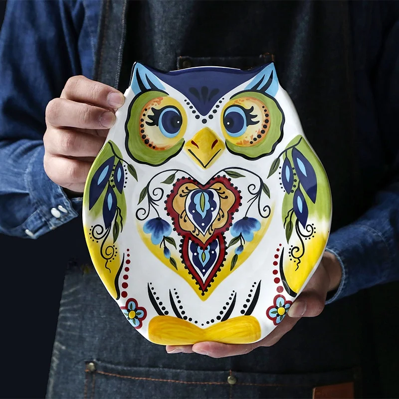 9.5-inch ceramic plate shaped like an owl  colorful fruit plate Large ceramic plate