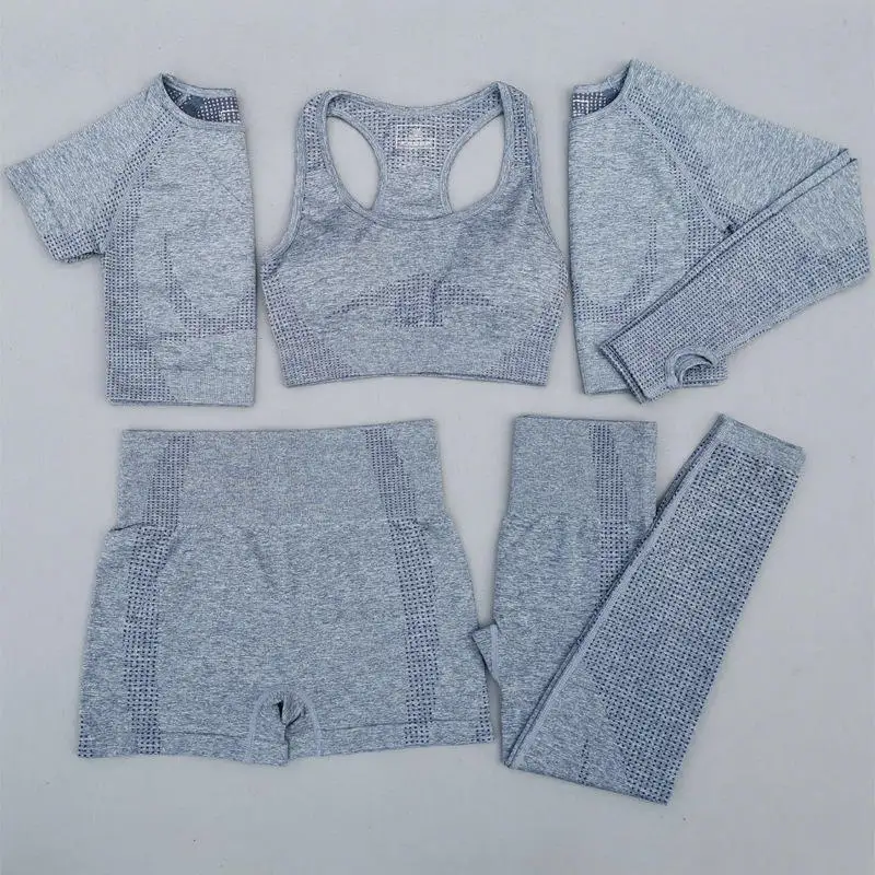 5PCS Seamless Gym Clothing Yoga Outfit Pants Sports Suit Women Workout Gym Fitness Sets Customized Logo Printing Spandex / Nylon