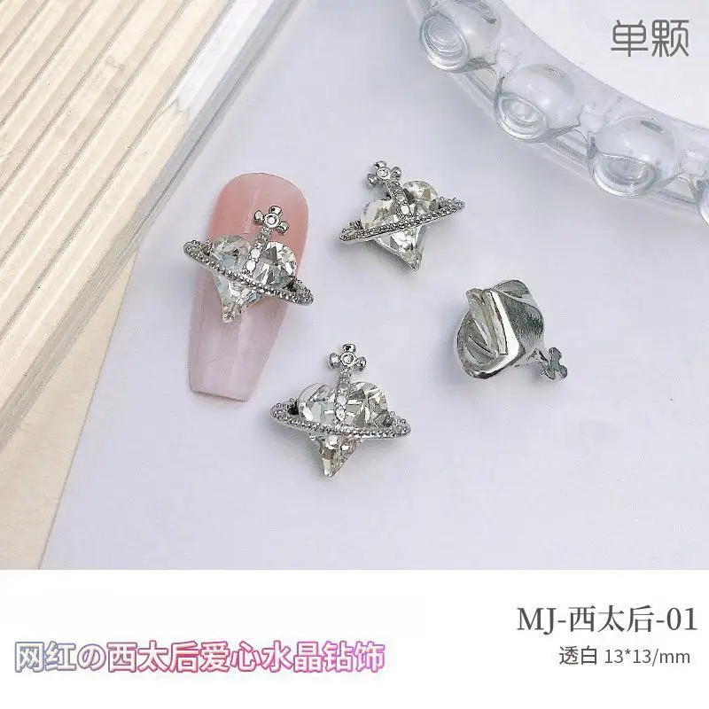 wholesale Nail jewelry saturn heart western empress chrome heart nail rhinestone charms planet western nail art for manicure